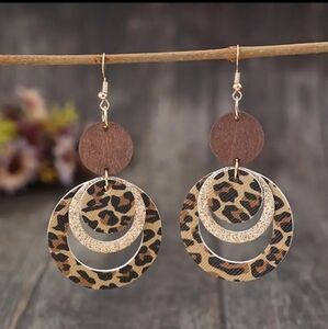 Leopard Print & Wood Dangle Earrings